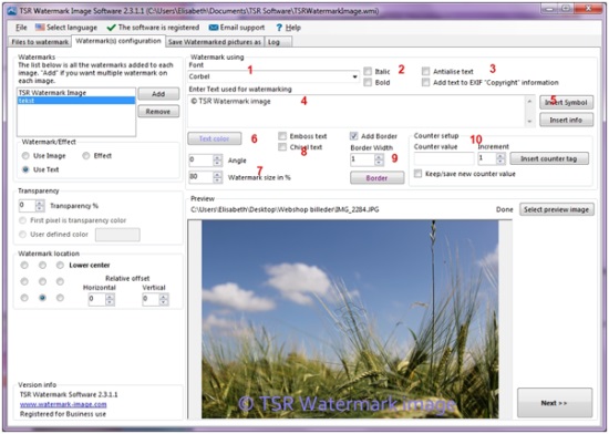 How to configure a text watermark in TSR Watermark Image